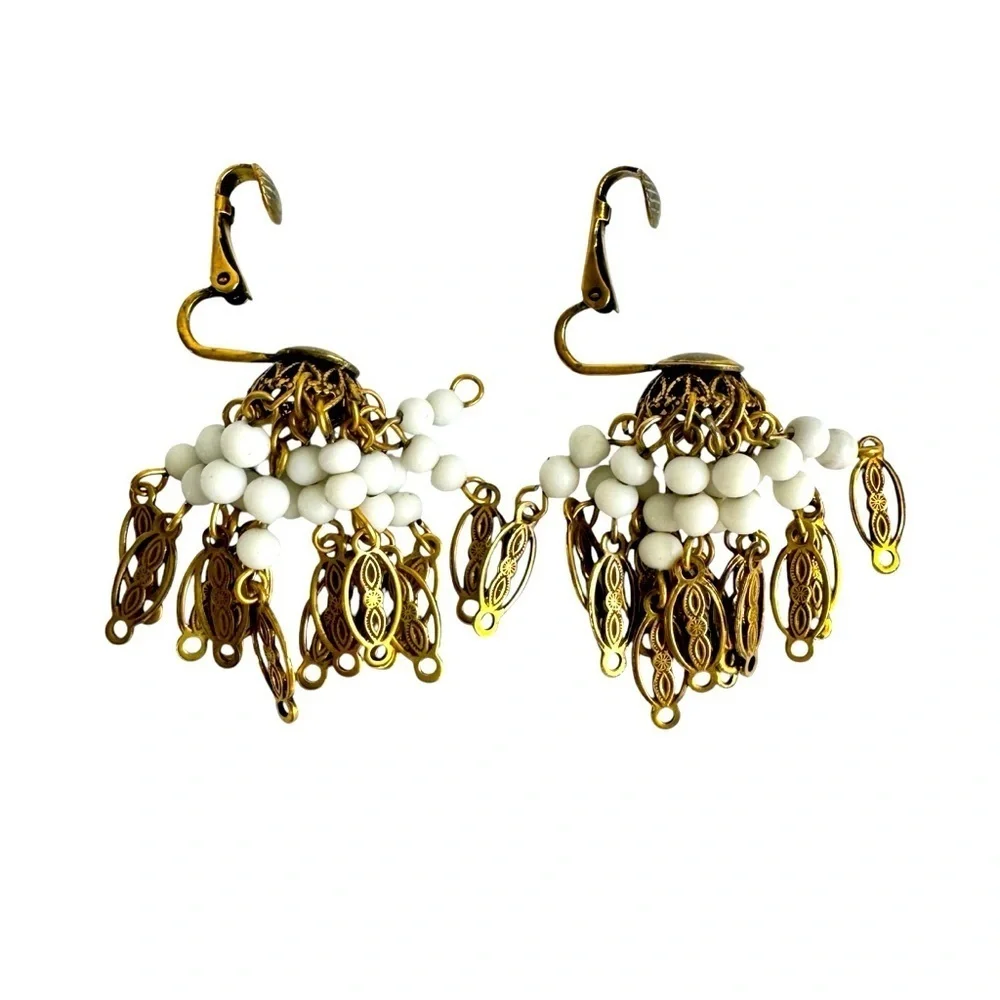 Vintage Beaded Waterfall Earrings Gold Tone Bead Cluster Chandelier Clip On 60s‎